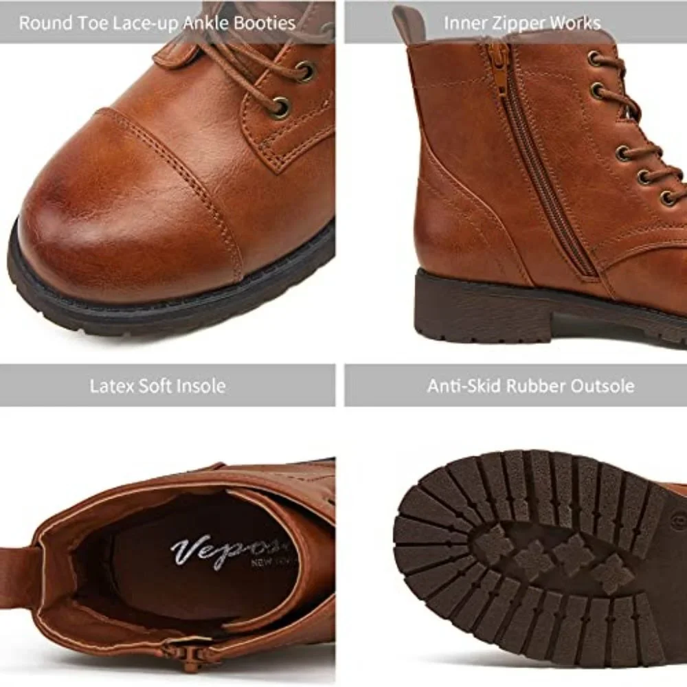 Women's Ankle Boots Fashion Booties Low Heel Lace up Ankle Boots, Brown_6